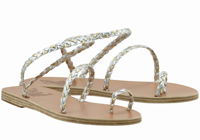 Ancient Greek Sandals Eleftheria Leather Donna Sandali Intrecciati Argento Oro Bianche | LMN175LH