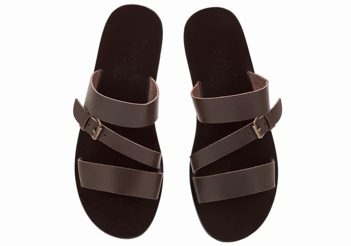 Ancient Greek Sandals Ifiklis Leather Uomo Sandali Scorrevoli Cioccolato | ZRV5696VS