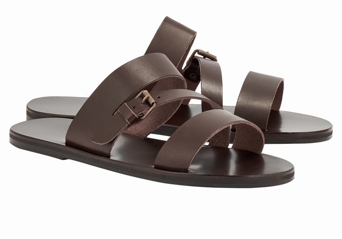 Ancient Greek Sandals Ifiklis Leather Uomo Sandali Scorrevoli Cioccolato | ZRV5696VS