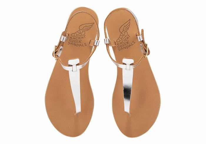 Ancient Greek Sandals Lito Flip Flop Leather Donna Sandali Con Cinturino Sul Retro Argento | UOW562GP