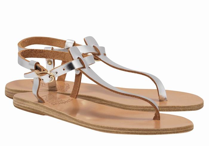 Ancient Greek Sandals Lito Flip Flop Leather Donna Sandali Con Cinturino Sul Retro Argento | UOW562GP