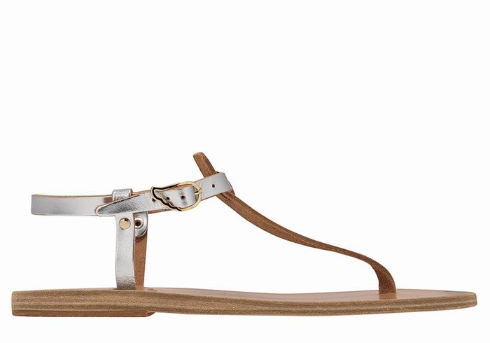 Ancient Greek Sandals Lito Flip Flop Leather Donna Sandali Con Cinturino Sul Retro Argento | UOW562GP