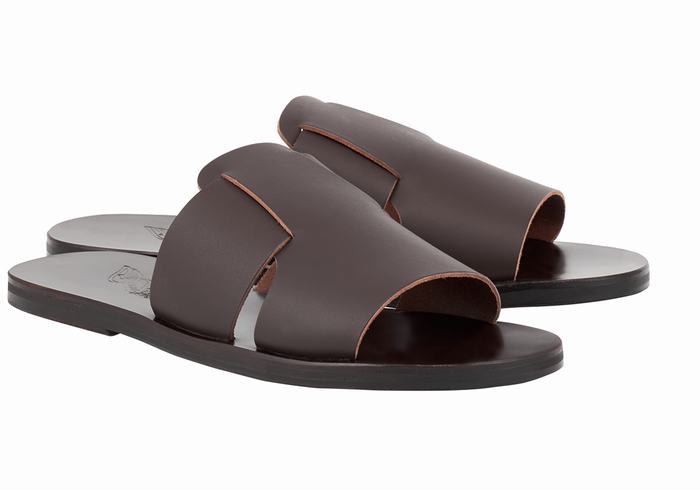 Ancient Greek Sandals Miltiadis Leather Uomo Sandali Scorrevoli Cioccolato | EIZ4565CH