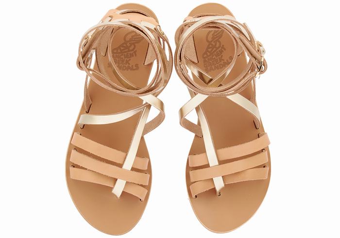 Ancient Greek Sandals Satira Leather Donna Sandali Da Gladiatore Beige Oro Bianche | UUK1422OJ