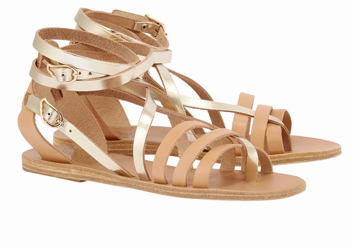 Ancient Greek Sandals Satira Leather Donna Sandali Da Gladiatore Beige Oro Bianche | UUK1422OJ